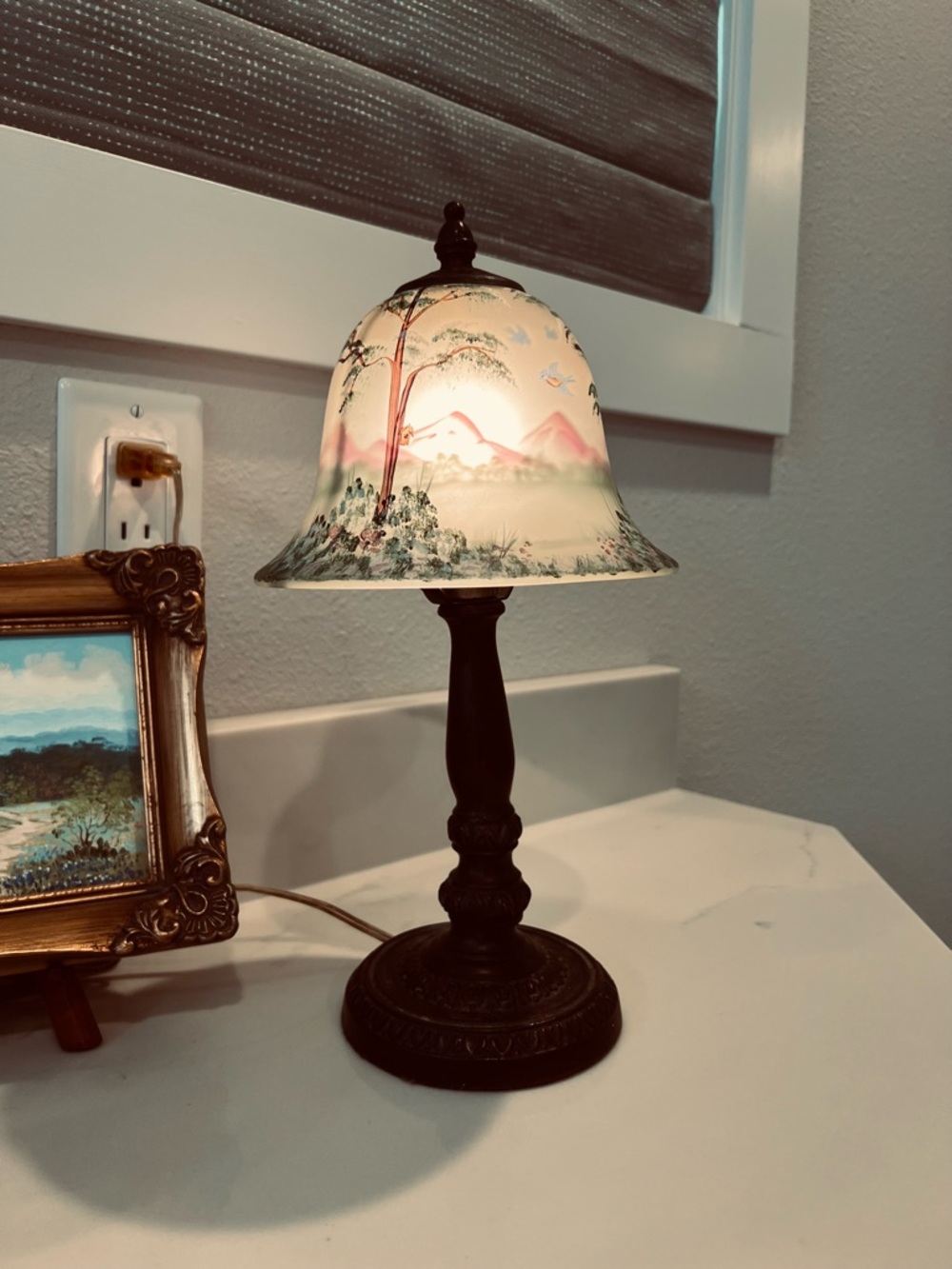 Fenton Hand-Painted Scenic Glass Lamp - Pink, Green, Cream